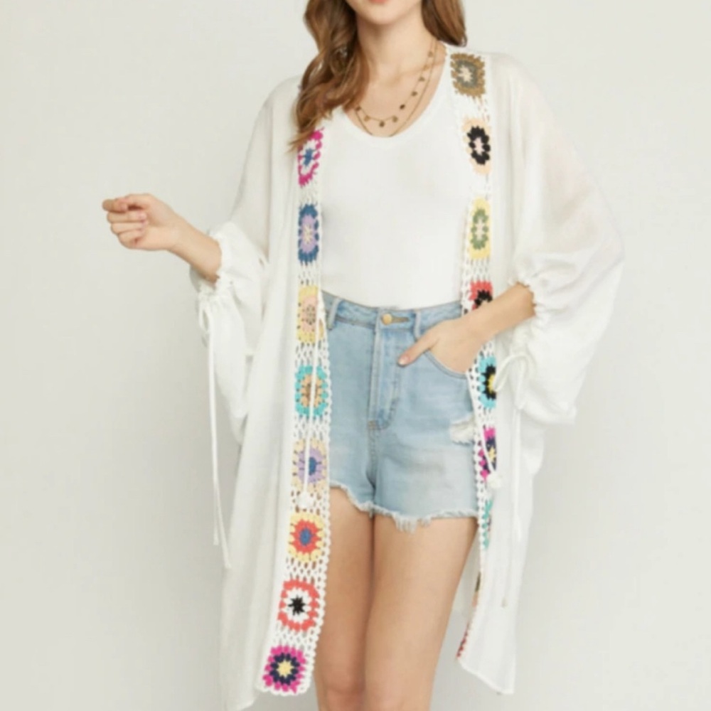 Anthropologie White Crochet Trim Kimono